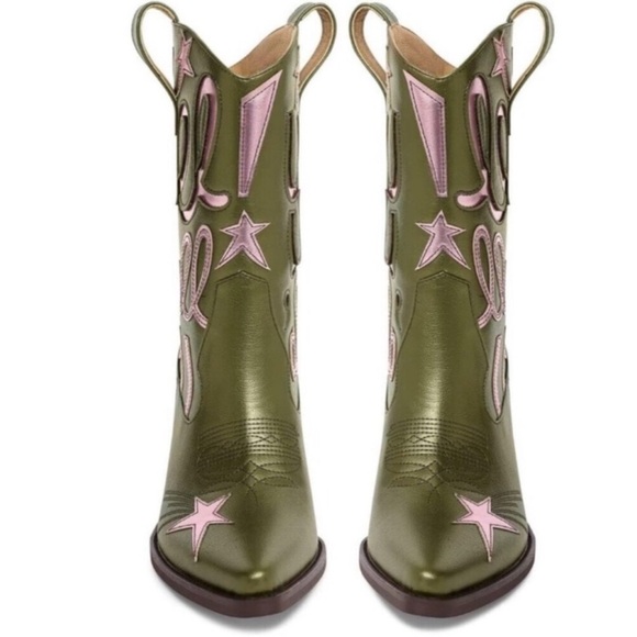 ⭐ Metallic Cowboy Boots for Women - Embroidered Mid Calf Western Cowgirl Boots - Picture 3 of 7